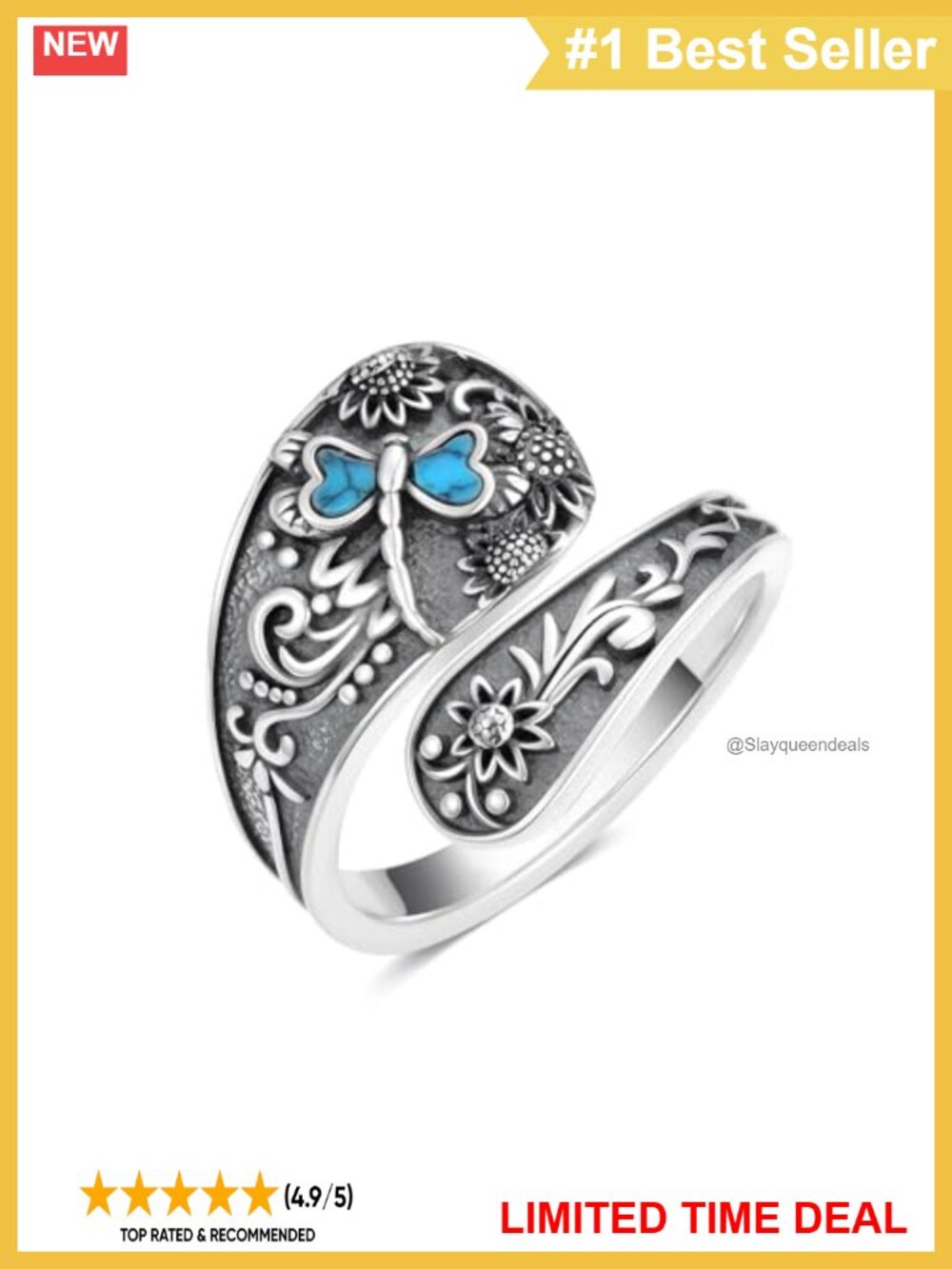 925 Sterling Silver Adjustable Spoon Ring Dragonfly Turquoise Animal Jewelry